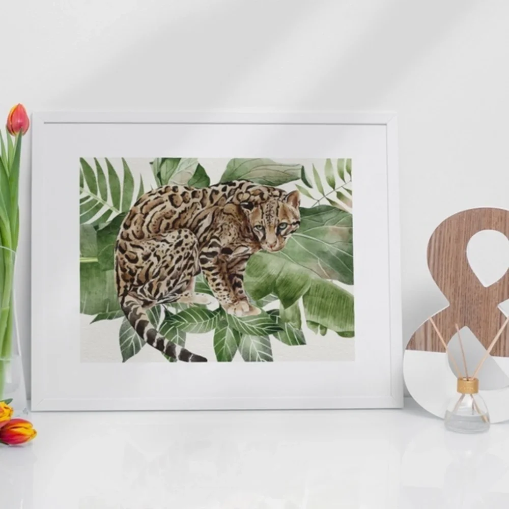 Watercolor Wall Art Wild Cat Ocelot Portrait Print Poster Unframed - Picture 8 of 17